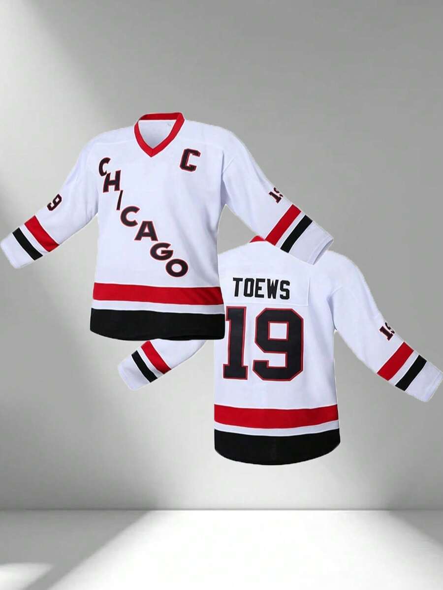 Men's Embroidered Ice Hockey Jersey, White Casual V-Neck Long Sleeve T-Shirt, Party & Sports Wear - White - View 1