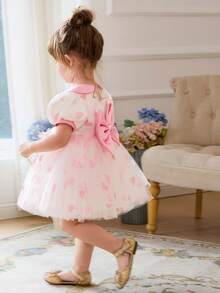 Baby Girls' Pink Round Neck Puff Sleeve Bow Tulle Elegant Princess Dress, Cute Party Dress Suitable For Girls' Birthday, Valentine's Day, Wedding, Banquet, Holiday Celebration - Pink - View 6