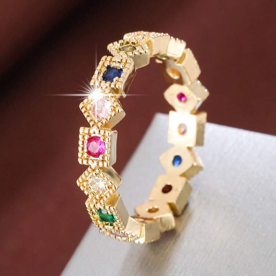 1pc Fashionable Geometric Arrangement Design Cubic Zirconia Women Ring - Multicolor - View 1