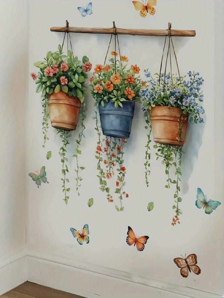 1 pieza Pegatina floral en maceta - Primavera, 3 Pinturas decorativas de flores en cubos, PVC, Autoadhesivo sin necesidad de pegamento, Adecuado para superficies de vidrio, decoración de sala de estar, dormitorio, baño, decoración del hogar - Multicolor - Añade 5