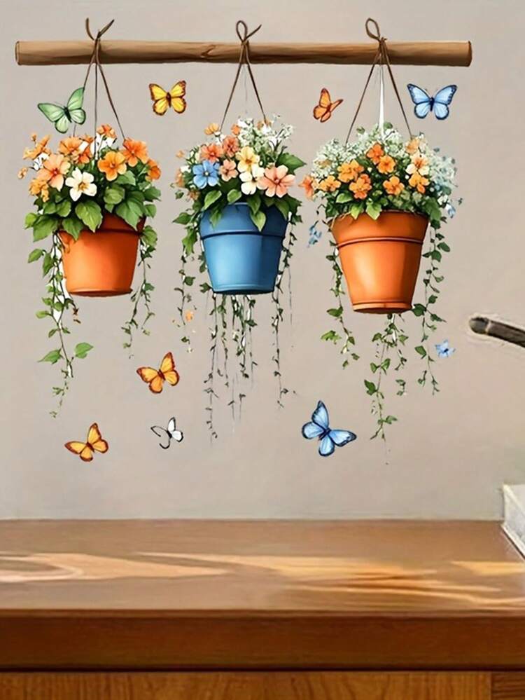 1 pieza Pegatina floral en maceta - Primavera, 3 Pinturas decorativas de flores en cubos, PVC, Autoadhesivo sin necesidad de pegamento, Adecuado para superficies de vidrio, decoración de sala de estar, dormitorio, baño, decoración del hogar - Multicolor - Añade 10