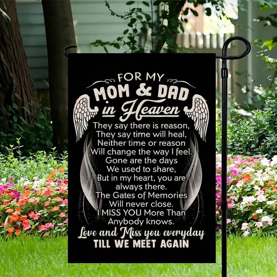 1pc, Memorial Garden Flag For My MOM & DAD In Heaven Garden Flag 12x18 Double Sided Garden Flag, Small Burlap Commemorate Garden Yard Flags Cemetery Decorations For Grave Outdoor (ONLY FLAG) - Multicolor - View 1