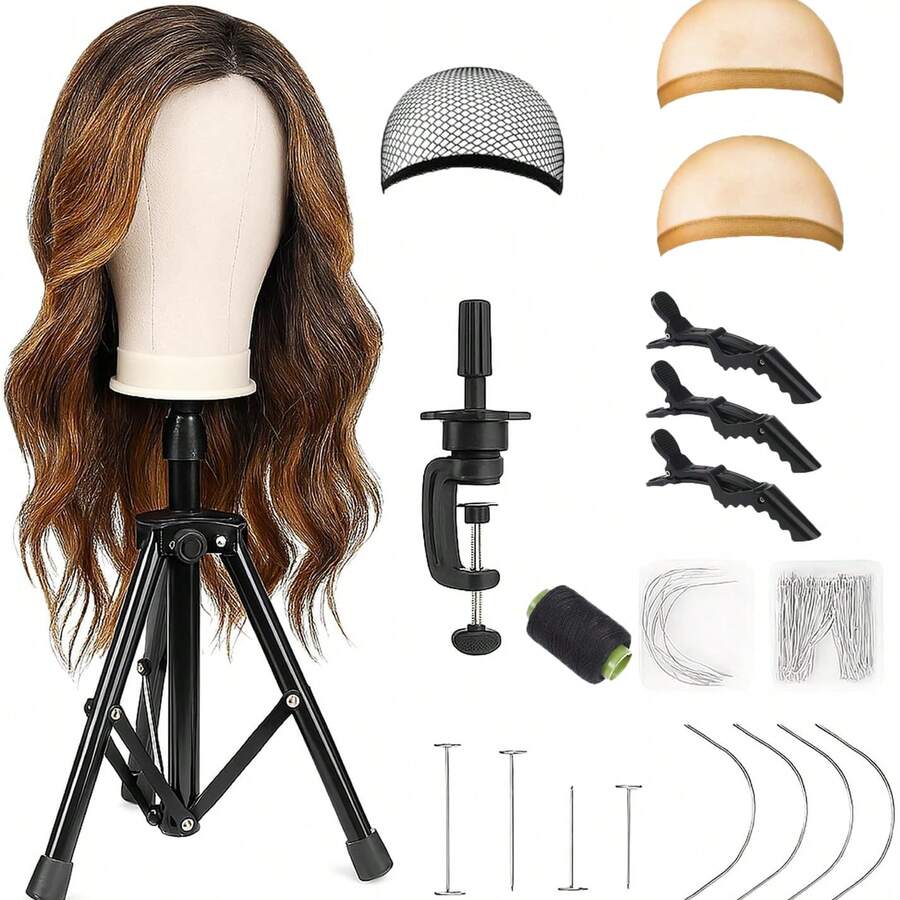假发头套，可调节假发头套，帆布假发头套带夹子，假发美妆模特头套套装 - 彩色 - 查看 1