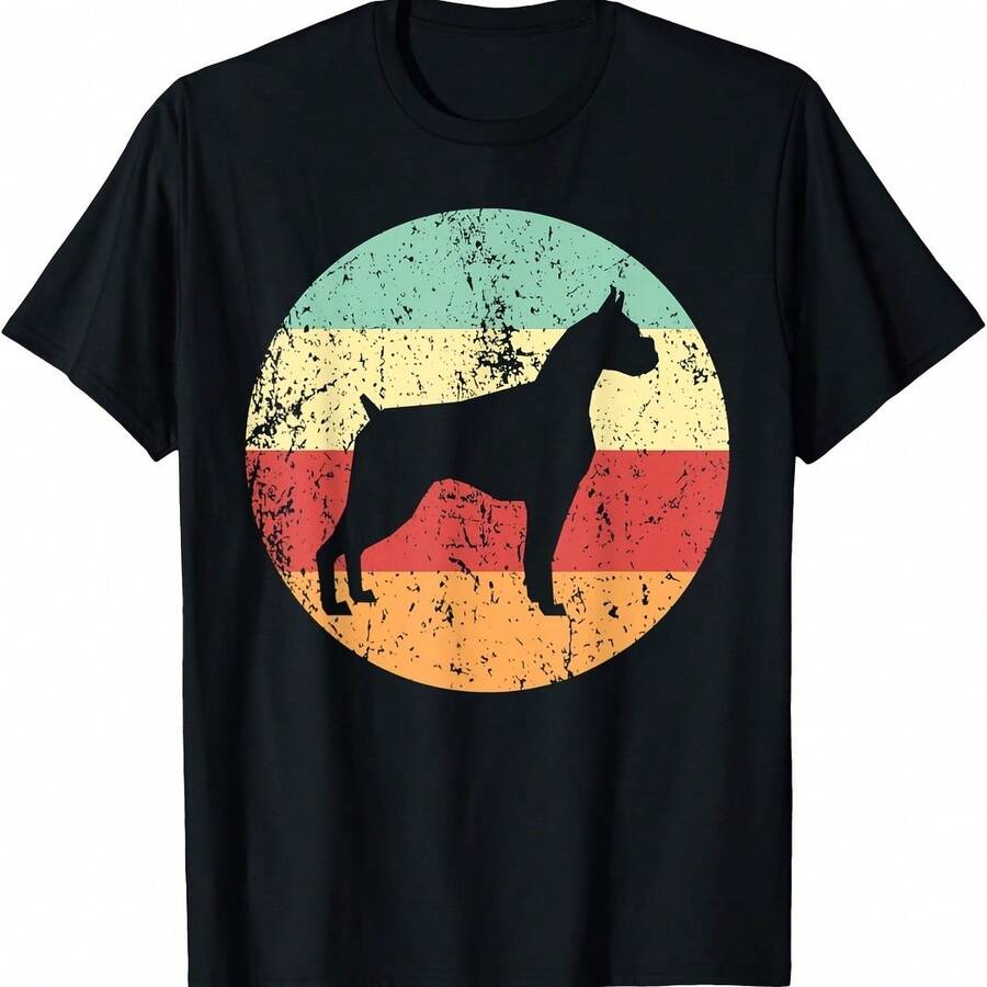 Boxer Dog Breed Silhouette Cool Retro 1970's Circle T-Shirt - 灰色 - 查看 1