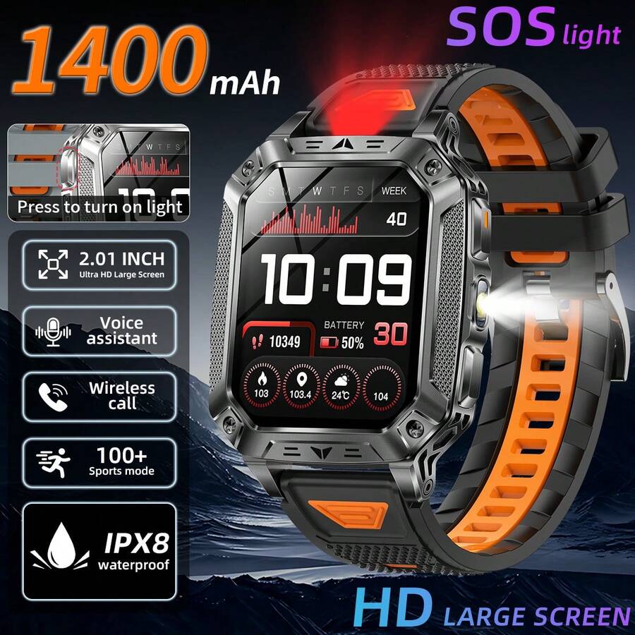 Relógio esportivo inteligente multifuncional com tela grande de 2,01" com lanterna, funções de chamada, SMS, pedômetro, reprodutor de música e alarme. - Multicolorido - Ver 1