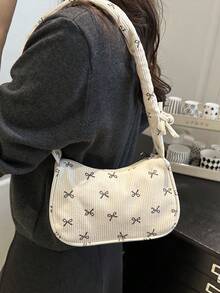 1pc White Corduroy Fabric Smooth Zipper Bow Print Drawstring Shoulder Strap Design Fashion Versatile Casual Solid Color Minimalist Autumn/Winter New Unique Shoulder Bag, Suitable For Women's Daily Use - White - View 5