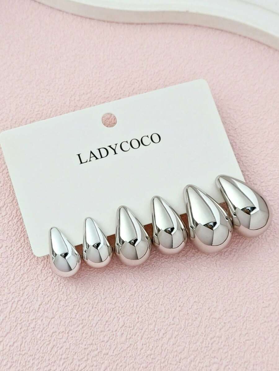 LADYCOCO 3對組優雅銀色亮面水滴耳釘，適合女性