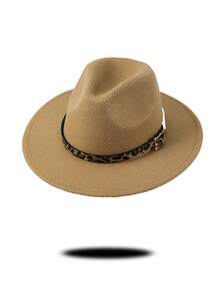 1pc Gray Felt Fedora Hat, Wide Brim Design With Leopard Print Band & Metal Buckle Decor, Chic & Stylish For Casual, Commute, Street Wear, Unique & , Multi-Color Options To Match Various Outfits