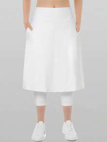 RUNONWHEELS 5 女士高腰及膝运动短裙裤，带口袋，适合网球运动，白色 - 白色 - 查看 2