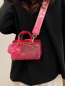 两件套果冻透明沙滩可调节单肩包，适合旅行、上学、上班、白领、斜挎包 - 玫紅色 - 查看 8