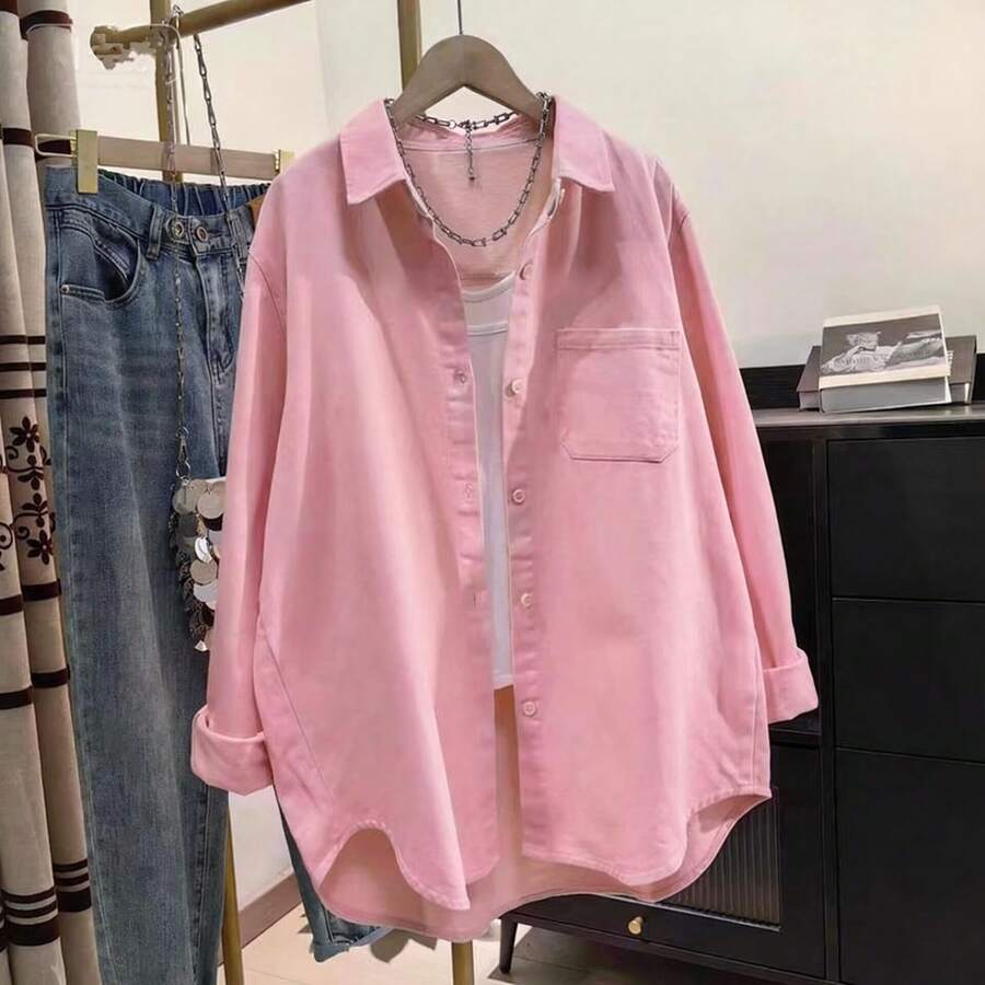 Women's Solid Color Pocket Front Button-Down Casual Shirt Pink Spring - Pink - View 1