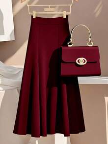 Women's Fashionable Elegant Commuter Casual Solid Color Skirt Spring - Burgundy - View 3
