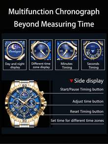 POEDAGAR 男士防水夜光不锈钢石英表，带礼盒，1 件装 - 藍色 - 查看 6