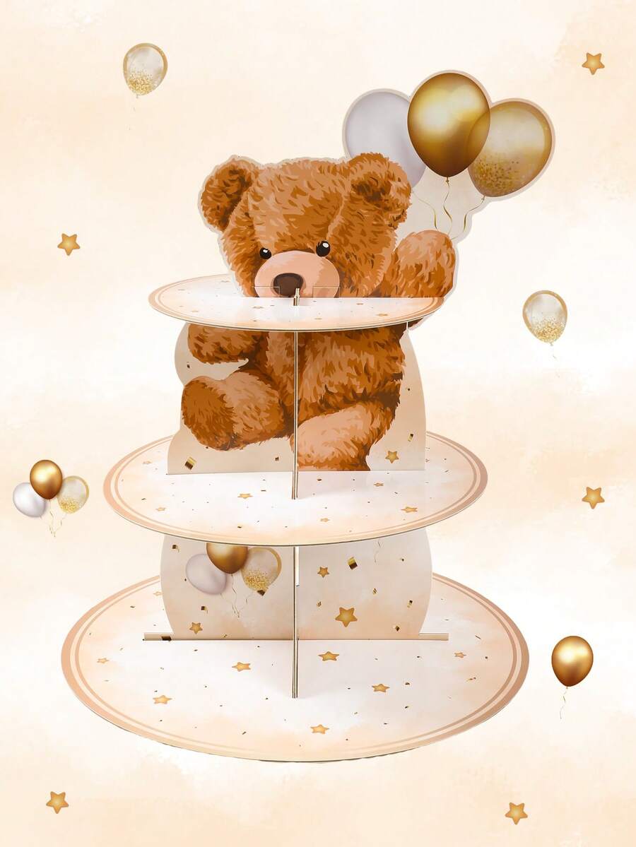 一套棕熊主题派对多层蛋糕架，可爱棕熊造型一次性纸杯蛋糕展示架，适用于性别揭晓派对、生日派对桌面装饰、棕熊主题派对用品