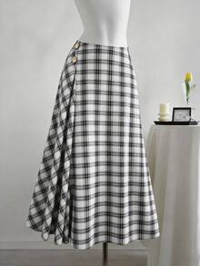 优雅复古法式风格，融合复古美式美元图案，高端显瘦黑白格纹A字裙，适合休闲、通勤、派对等多种场合，长款设计，春/秋/夏皆宜。 - 黑與白 - 查看 2