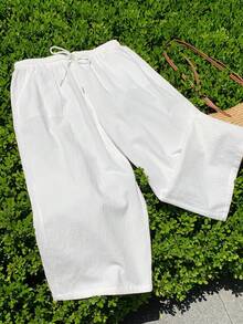 Pretty and Ole Pantalons blancs décontractés grande taille pour femmes, à la mode pour l'été - Blanc - Voir 4