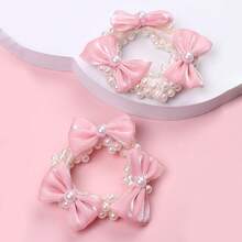 2入組女孩珍珠裝飾的蝴蝶結髮圈,適用於日常生活或婚禮花童裝扮