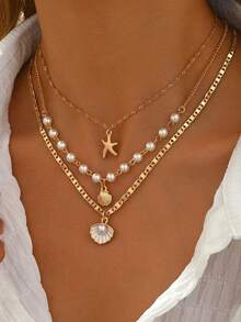 Beach Style Starfish Shell Pendant Necklace Set Women's Pearl Layered Gold Chain Jewelry - Gold - View 3