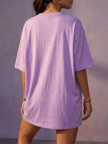 Women's Loose Long Solid Color Round Neck Short Sleeve T-Shirt, Minimalist, Suitable For Spring/Summer Everyday Wear Casual - Lilac Purple - View 3