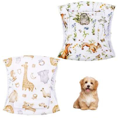 2 szt. wielorazowych pieluch dla psów, miękkie, oddychające pieluchy dla szczeniąt z uroczymi nadrukami, regulowany pas na nietrzymanie moczu, do pielęgnacji pooperacyjnej i treningu w pomieszczeniach