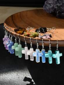 Natural Stone Cross Earrings, Vintage Personalized Design Turquoise & Amethyst & Rhodochrosite Pendant Earrings - Multicolor - View 7