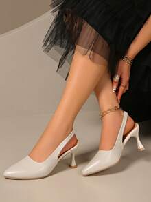 New Women's Pointed Toe High Heel Pumps, Black Leather Upper, Spring Slingback Commuter Stiletto Shoes, Fashionable Office Footwear - Beige - View 3