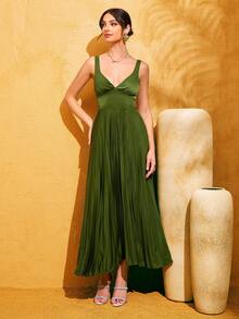 LOVE&LEMONADE 时尚绿色无袖V领吊带露背交叉A字荷叶边连衣裙 - 綠色 - 查看 3