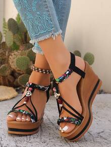 Sandal Wedges Elastis Terbaru Musim Panas 2022, Sandal Platform Bohemian Hak Tinggi Serbaguna yang Cocok Dipadukan dengan Gaun - Hitam - View 4