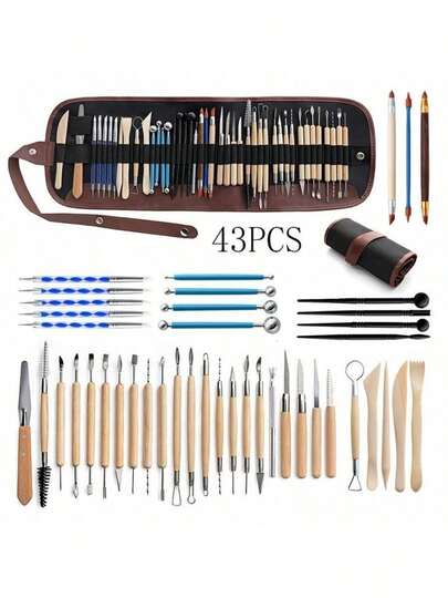43件套陶艺工具套装，包括陶土雕塑刀、雕刻硅胶刷、细节针、腰包、7根针