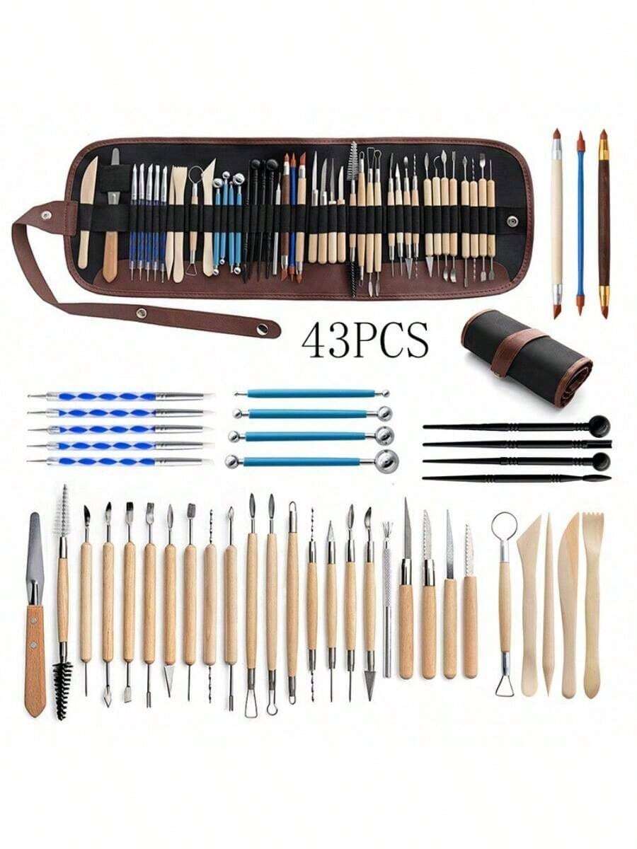 43件套陶艺工具套装，包括陶土雕塑刀、雕刻硅胶刷、细节针、腰包、7根针 - 陶泥工具 - 查看 1