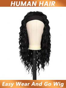 Headband Wig Human Hair Full Machine Made Curly Headband Wig Wet And Wavy Human Hair Wigs With Non Lace Front Wigs No Glue No Sew In Beginner Friendly 180% Density - Natural Black - View 6