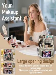 大容量高品质化妆包 - 旅行化妆收纳包，带多个拉链口袋和腕带。可收纳化妆刷、洗漱用品、首饰和其他美容用品。实用收纳包，大容量化妆包。 - 彩色 - 查看 4