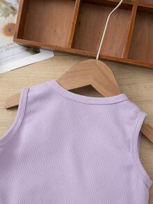 2pcs/Set Girls 3-7Y Sleeveless Top & Shorts Set, 3D Flower & Tassel Decor, Waffle Knit, Sweet Summer Outfit - Lilac Purple - View 5