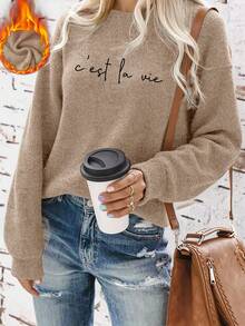 Letter Print Women Casual Warm Faux Wool Sweater, Christmas Gift, Chinese New Year Gift, Valentine's Day Gift, Back To School Clothes, School Outfit Ideas, Back To School Essentials, First Day Of School Outfit, Back To School Outfits 2026 - Camel - View 5