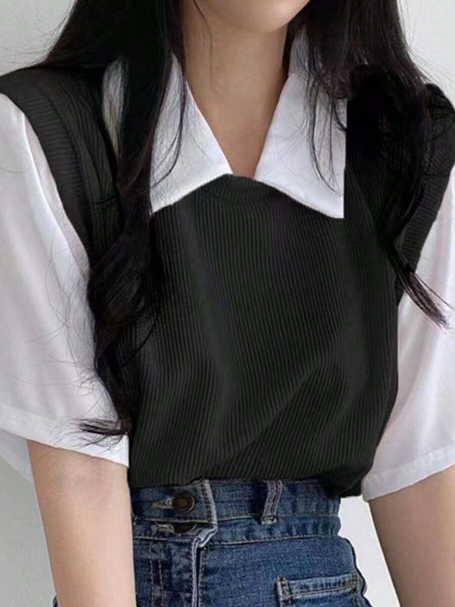 Camiseta de manga corta con cuello polo y dos piezas para mujer, de colores contrastantes, corte holgado, informal y versátil. - Negro - Ver 1