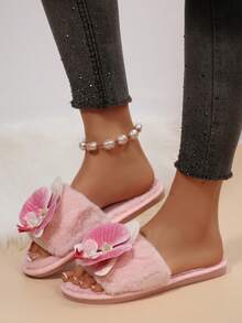 Women's Floral Decor Soft Plush Slip-On Slippers - Pink - View 6