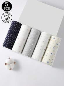 5pcs/Pack Women's Cotton Panties With Floral, Bow, Cute Design, Mid-Waist, Full Coverage, Seamless - Multicolor - View 2