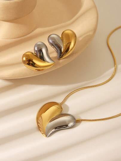  1 set elegant tvåfärgat hjärtformat smyckesset i 18K guldpläterat rostfritt stål, lämpligt för kvinnors vardagsbruk eller som alla hjärtans dag-/helgpresent