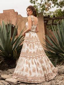 优雅方领长裙：飘逸的多层荷叶边裙摆，饰以精致刺绣图案，配有腰带，无袖设计，柔美A字廓形——完美适用于花园婚礼、新娘写真、浪漫周年庆典、正式花园派对和私奔。 - 米色 - 查看 2