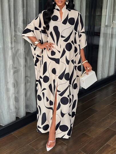 AIJ Amarilo 女士中东优雅图案 V 领连衣裙，蝙蝠袖，前开衩，简约休闲，适合休闲、购物和外出，易于搭配。