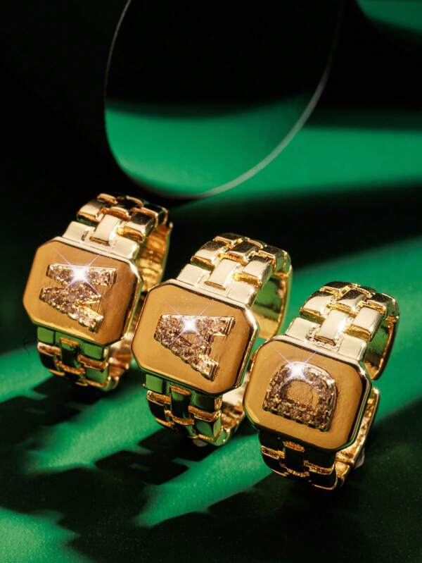 1pc Vintage Punk Charm 26 Letters Inlaid Cubic Zirconia A-Z Adjustable Thick/Thin Ring, Suitable For Men, Everyday Wear & Occasions Like Parties, Anniversaries, Gifts