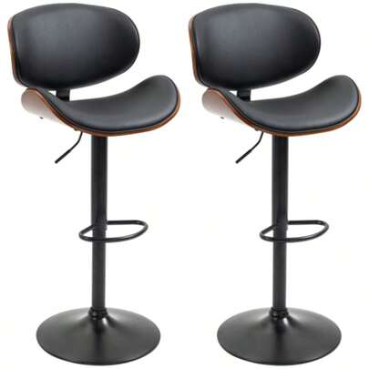 Set Of 2 Bar Stools, Height-Adjustable Kitchen Stools, Faux Leather Counter Stools, Swivel Chairs With Footrests, Bar Stools For Kitchen, Dining Room, Black, Steel, 53 X 52 X 92-112 Cm |