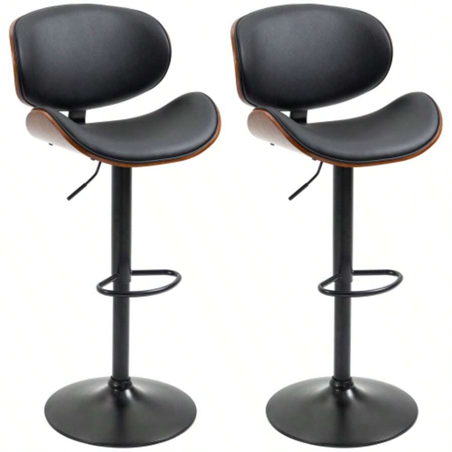 Set Of 2 Bar Stools, Height-Adjustable Kitchen Stools, Faux Leather Counter Stools, Swivel Chairs With Footrests, Bar Stools For Kitchen, Dining Room, Black, Steel, 53 X 52 X 92-112 Cm | - Black - View 1