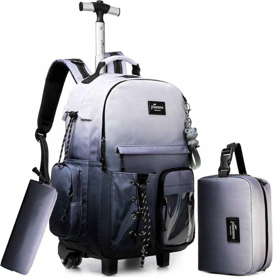 Kids Rolling Backpack With Wheels Unisex Suitcase Carry On Luggage For Elementary Middle High School Students - 漸層白黑 - 查看 1