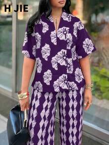 2pcs/Set Women's Casual Bohemian Style Outfit, V-Neck Short Sleeve Printed Blouse Paired With Diamond Pattern Wide Leg Pants - Purple - View 3