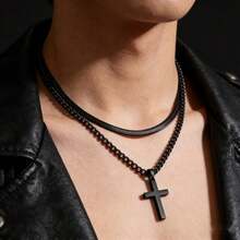 男士项链手链套装，不锈钢黑色十字架项链长60厘米，手链长21厘米，情人节和父亲节礼物 - 黑色2件套裝款式4 - 查看 4