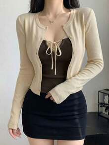 Set de 2 piezas: Chaqueta de cárdigan de punto sexy + Top de camisola con lazo, para primavera/verano