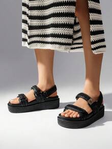 Women's Arch Support 1.61-Inch Platform Wedge Sandals Comfortable Open Toe Casual Dressy With Adjustable Straps PP Straw Shoe Upper For Beach Vocation Flat Summer Black Sandals - màu đen - Xem 3