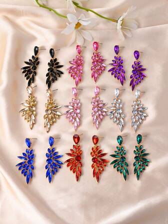 1 Pair Luxury Rhinestone Embellished Long Wing Design Earrings, Hollow Leaf Dangle Earrings, High-End Elegant For Party And Occasion