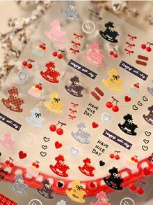 1 pieza Lindo carrusel giratorio, lazo, año del caballo, corazón, estrella, cereza gelatina 5D pegatinas de uñas de dibujos animados, decoraciones de arte de uñas de celebración, autoadhesivas, adecuadas para uñas de niños y niñas, suministros para uñas - Multicolor - Ver 11